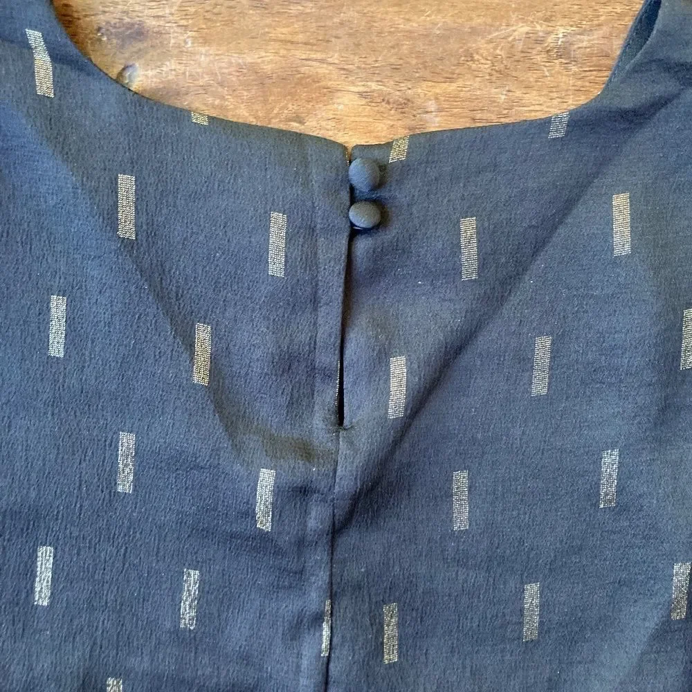 Madewell Metallic Jacquard Puff-Sleeve Top Black with Gold Button Neck Size XXS